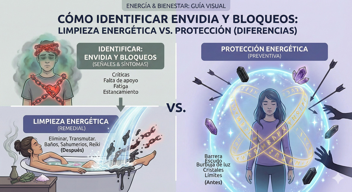 Cómo identificar envidia y bloqueos: limpieza energética vs. protección (diferencias)